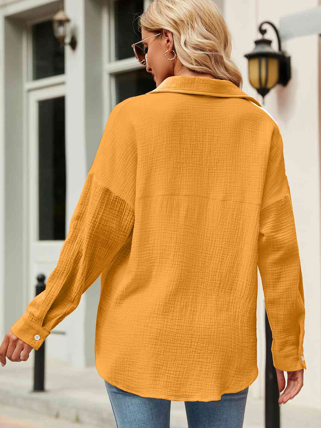 Button Up Collared Neck Drop Shoulder Shirt - AllIn Computer
