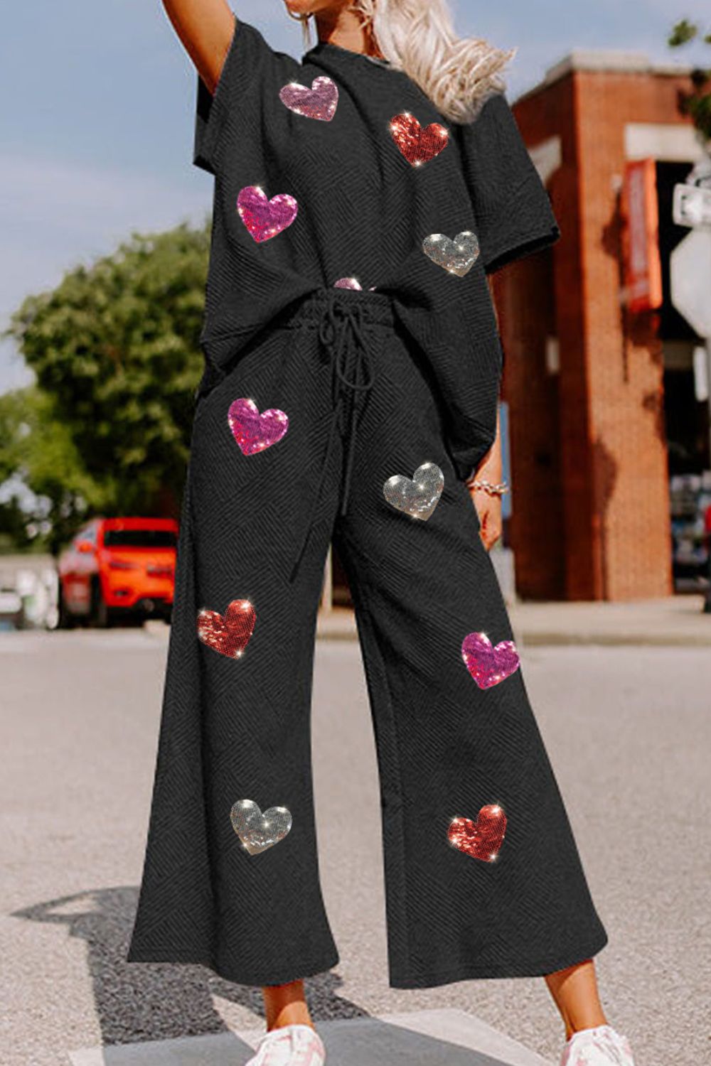 Heart Sequin Short Sleeve Top and Drawstring Pants Lounge Set - AllIn Computer