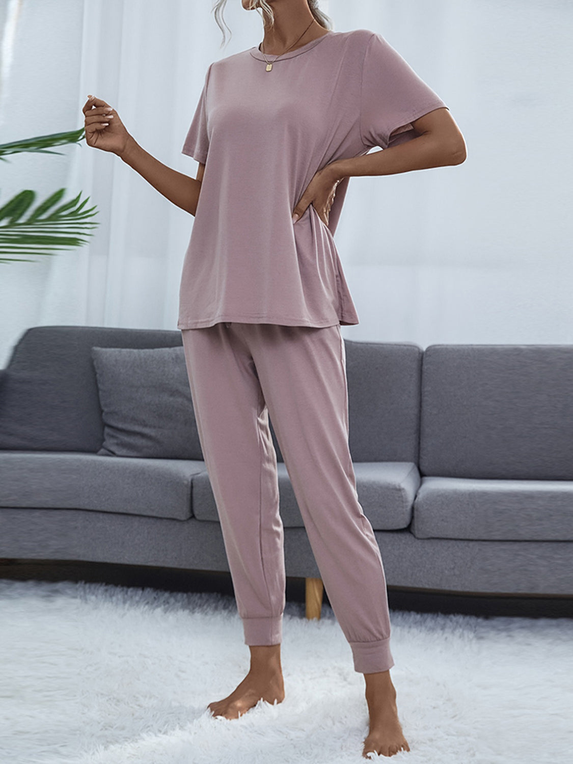 Round Neck Short Sleeve Top and Pants Set - AllIn Computer