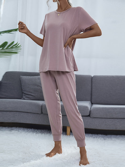 Round Neck Short Sleeve Top and Pants Set - AllIn Computer