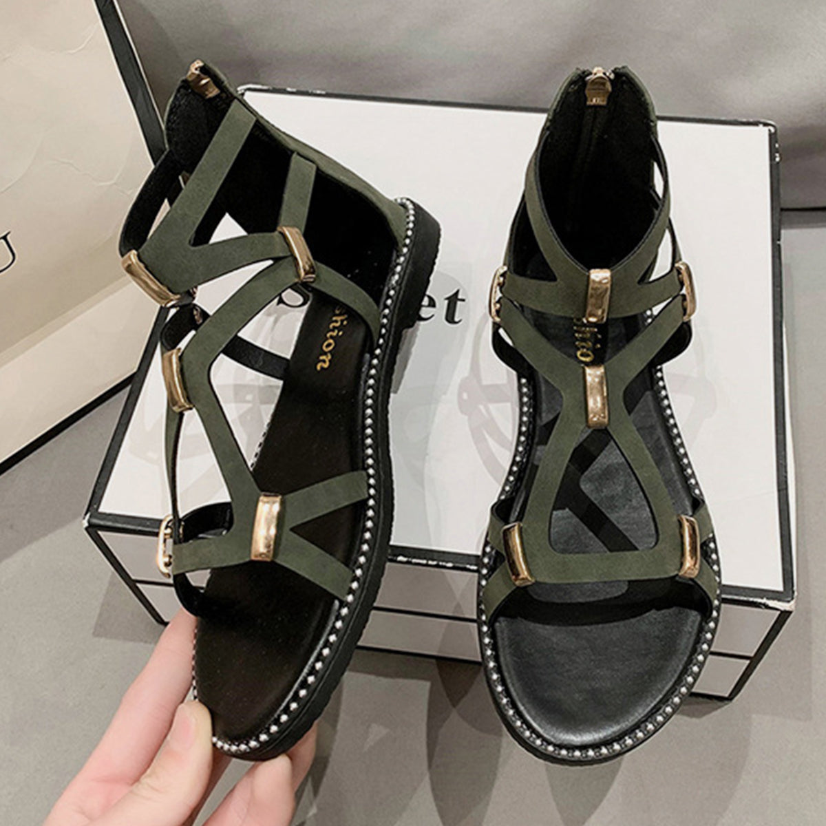 Open Toe Back Zipper Flat Sandals - AllIn Computer