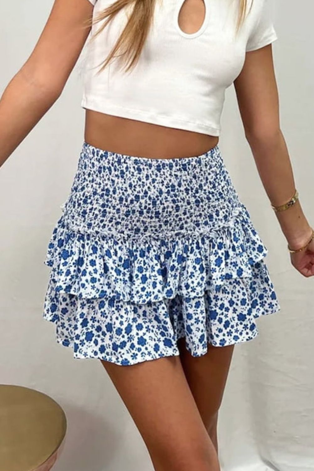 Printed Frill Trim Smocked Mini Skirt - AllIn Computer