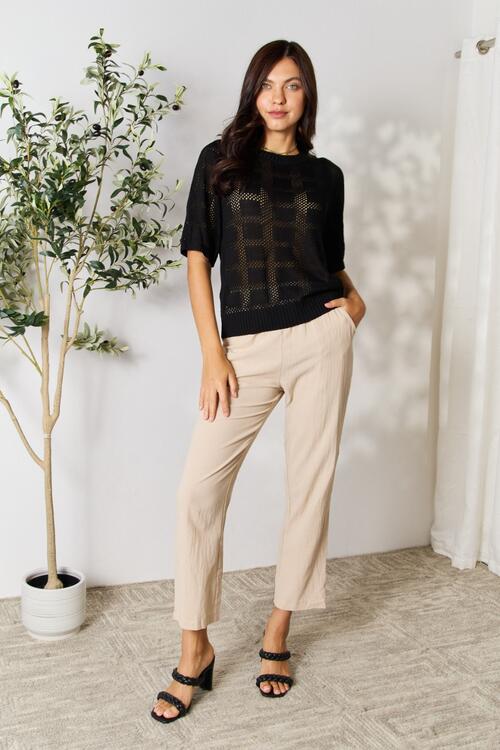 Double Take Ribbed Trim Round Neck Knit Top - AllIn Computer