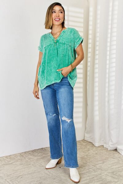 Zenana Washed Raw Hem Short Sleeve Blouse with Pockets - AllIn Computer