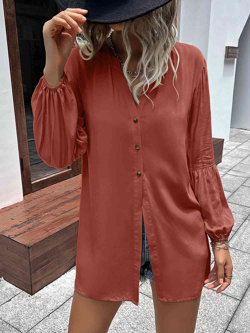 Double Take Notched Neck Balloon Sleeve Shirt - AllIn Computer