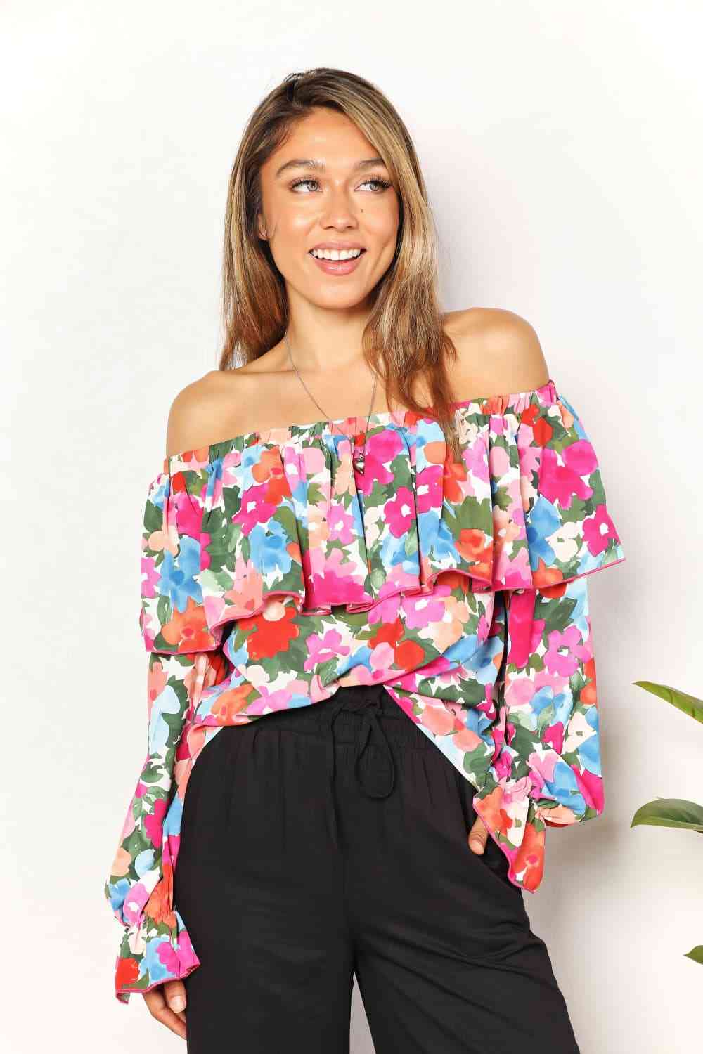 Double Take Floral Off-Shoulder Flounce Sleeve Layered Blouse - AllIn Computer