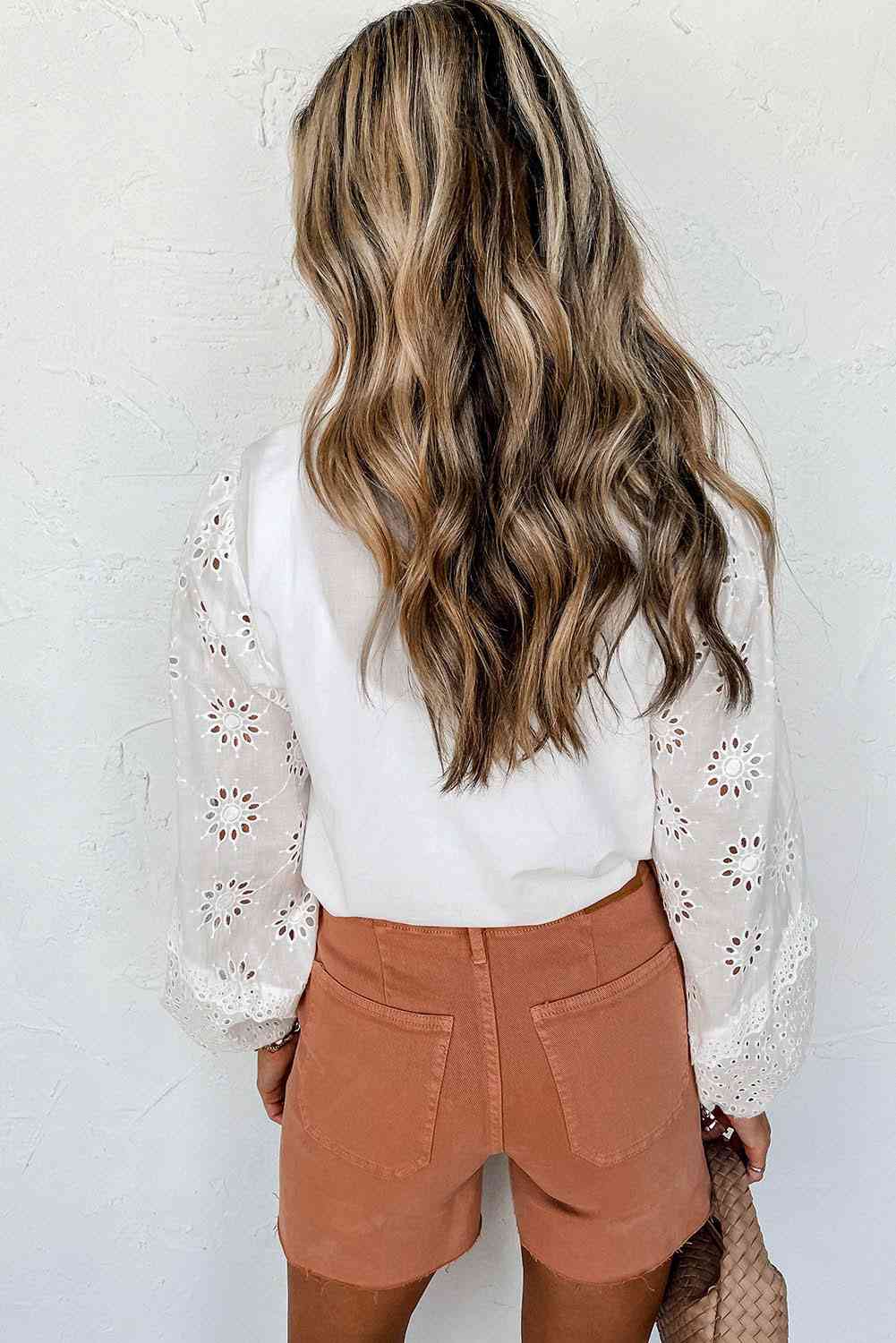 V-Neck Openwork Long Sleeve Blouse - AllIn Computer