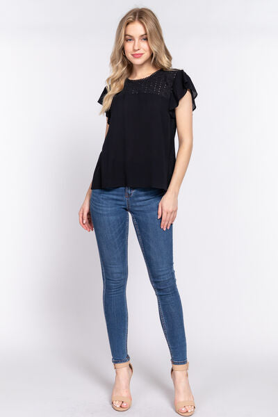 ACTIVE BASIC Ruffle Short Sleeve Crochet Blouse - AllIn Computer