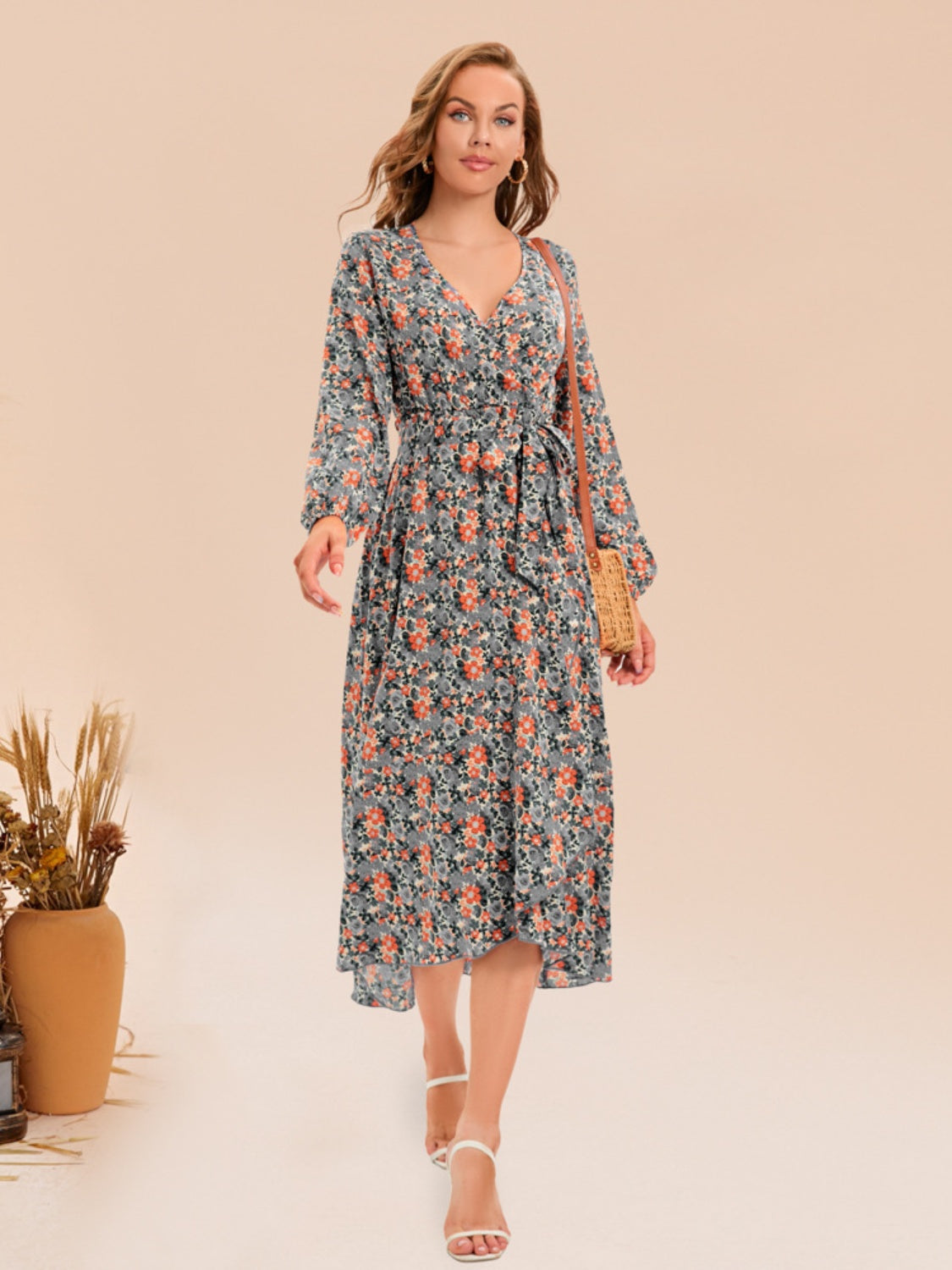Full Size Printed Surplice Long Sleeve Dress - AllIn Computer
