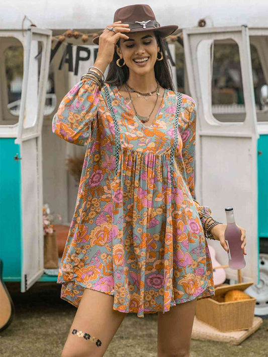Floral Ruched V-Neck Long Sleeve Dress - AllIn Computer