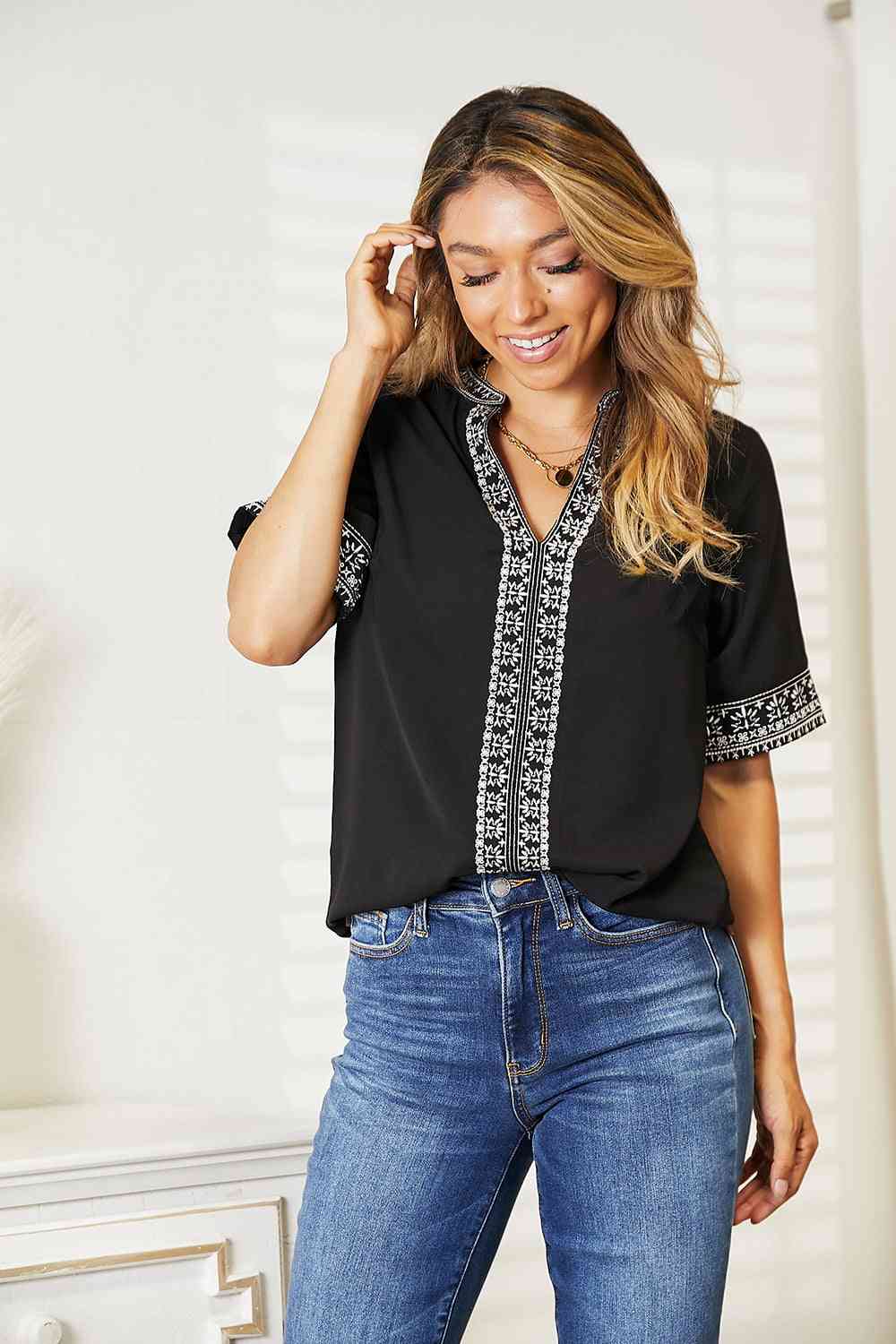Double Take Embroidered Notched Neck Top - AllIn Computer