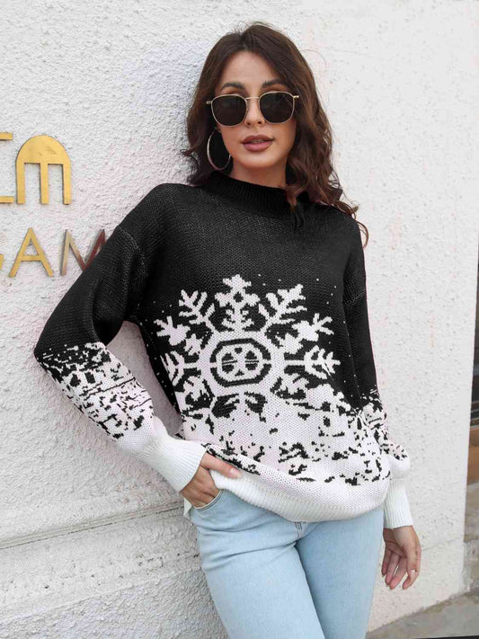 Snowflake Pattern Mock Neck Sweater - AllIn Computer