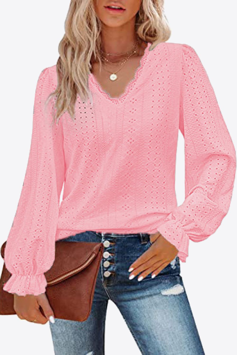 Eyelet V-Neck Flounce Sleeve Blouse - AllIn Computer