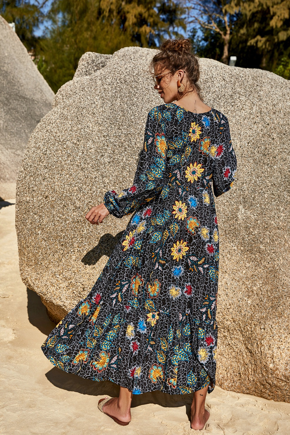 Printed Tie Neck Long Sleeve Dress - AllIn Computer