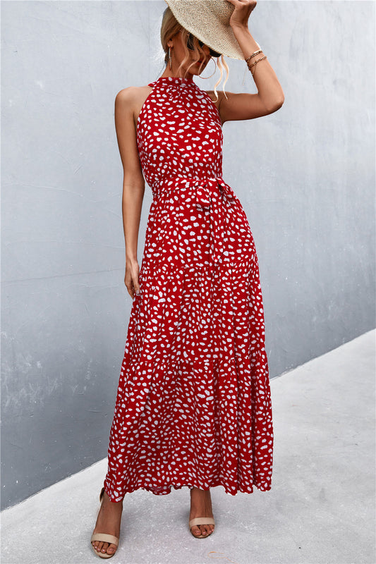 Printed Sleeveless Tie Waist Maxi Dress - AllIn Computer