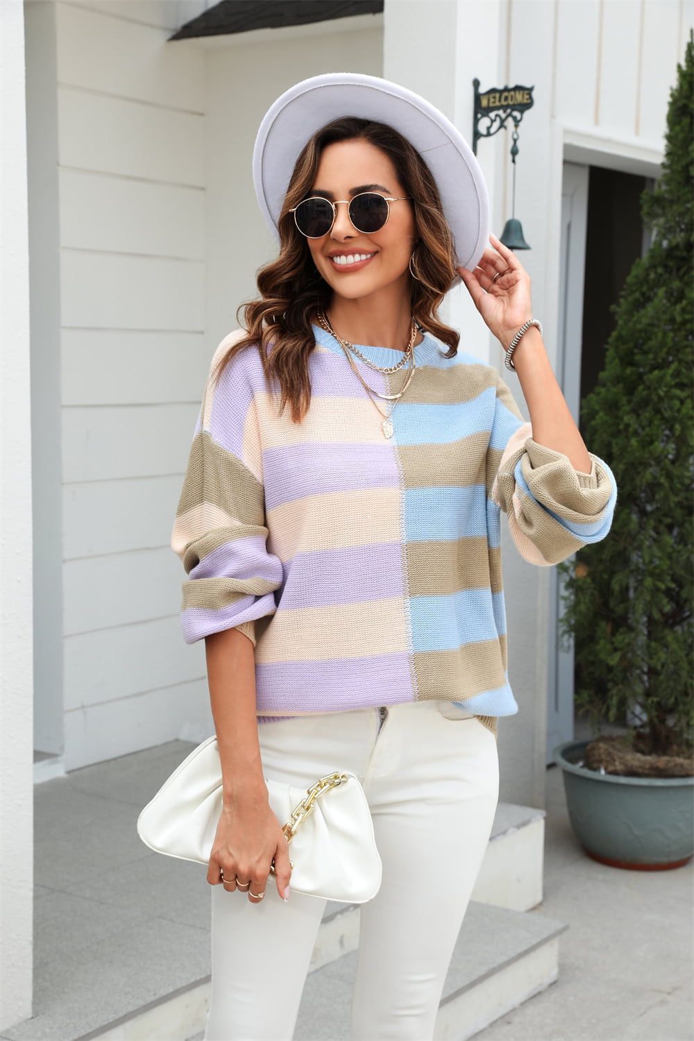 Round Neck Long Sleeve Color Block Dropped Shoulder Pullover Sweater | CLOTHING,SHOES & ACCESSORIES | pullover sweaters, Ship From Overseas, sweaters, Sweaters & Hoodies, Women's Apparel, women's clothing, women's fashion, Y.S.J.Y | Trendsi