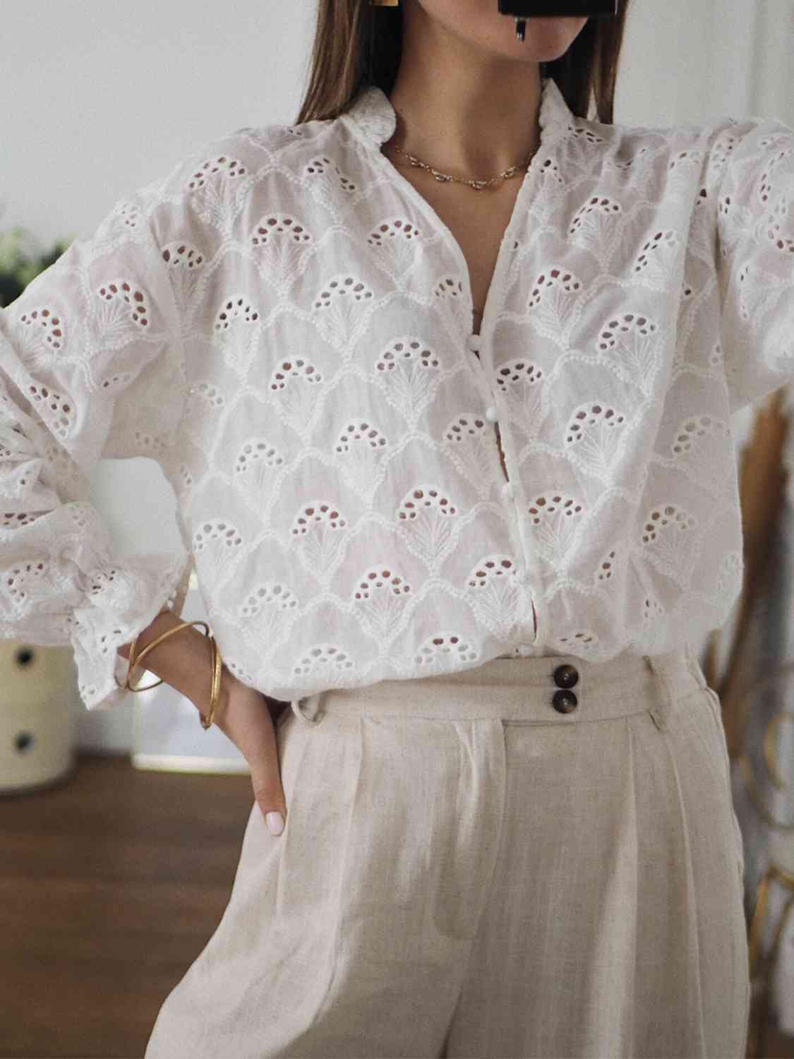 Eyelet Notched Neck Flounce Sleeve Blouse - AllIn Computer