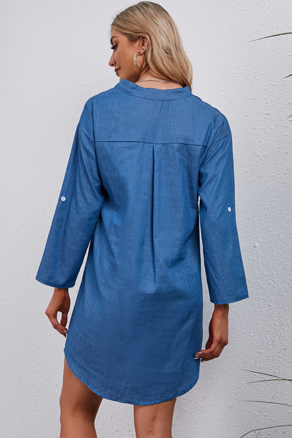 Half-Button Notched Neck High-Low Denim Dress - AllIn Computer