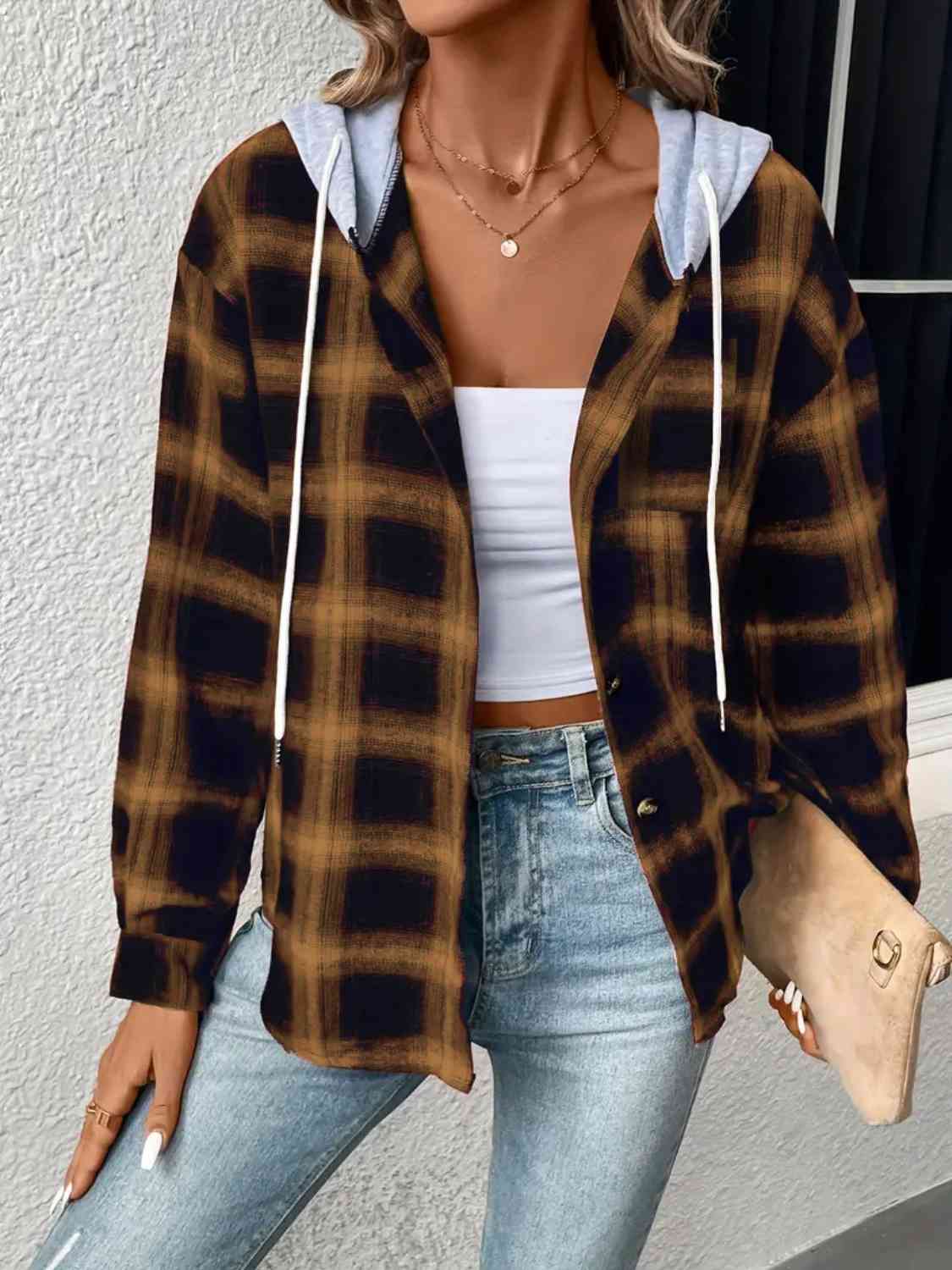 Plaid Drawstring Button Up Hooded Jacket - AllIn Computer