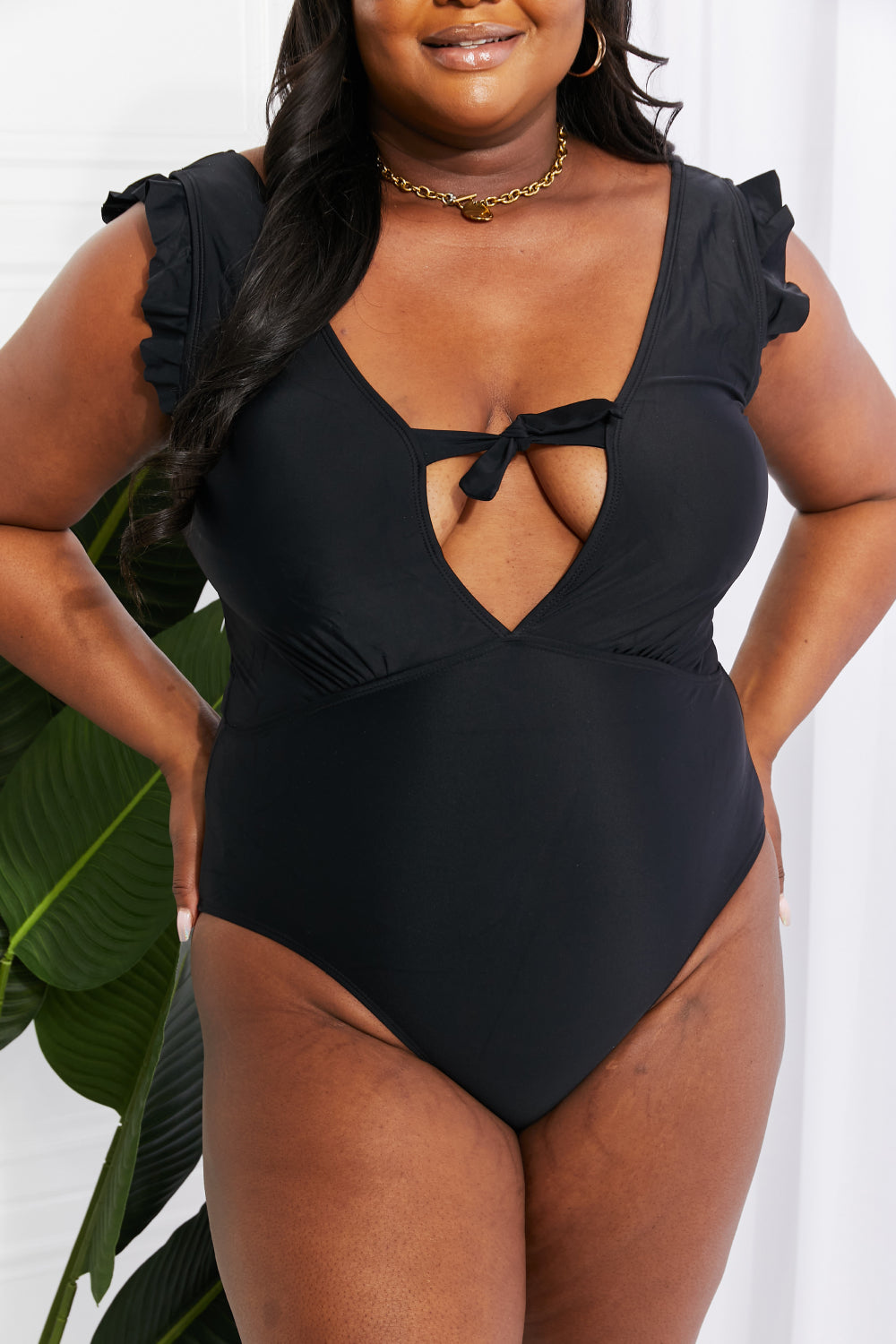 Marina West Swim Seashell Ruffle Sleeve One-Piece in Black - AllIn Computer