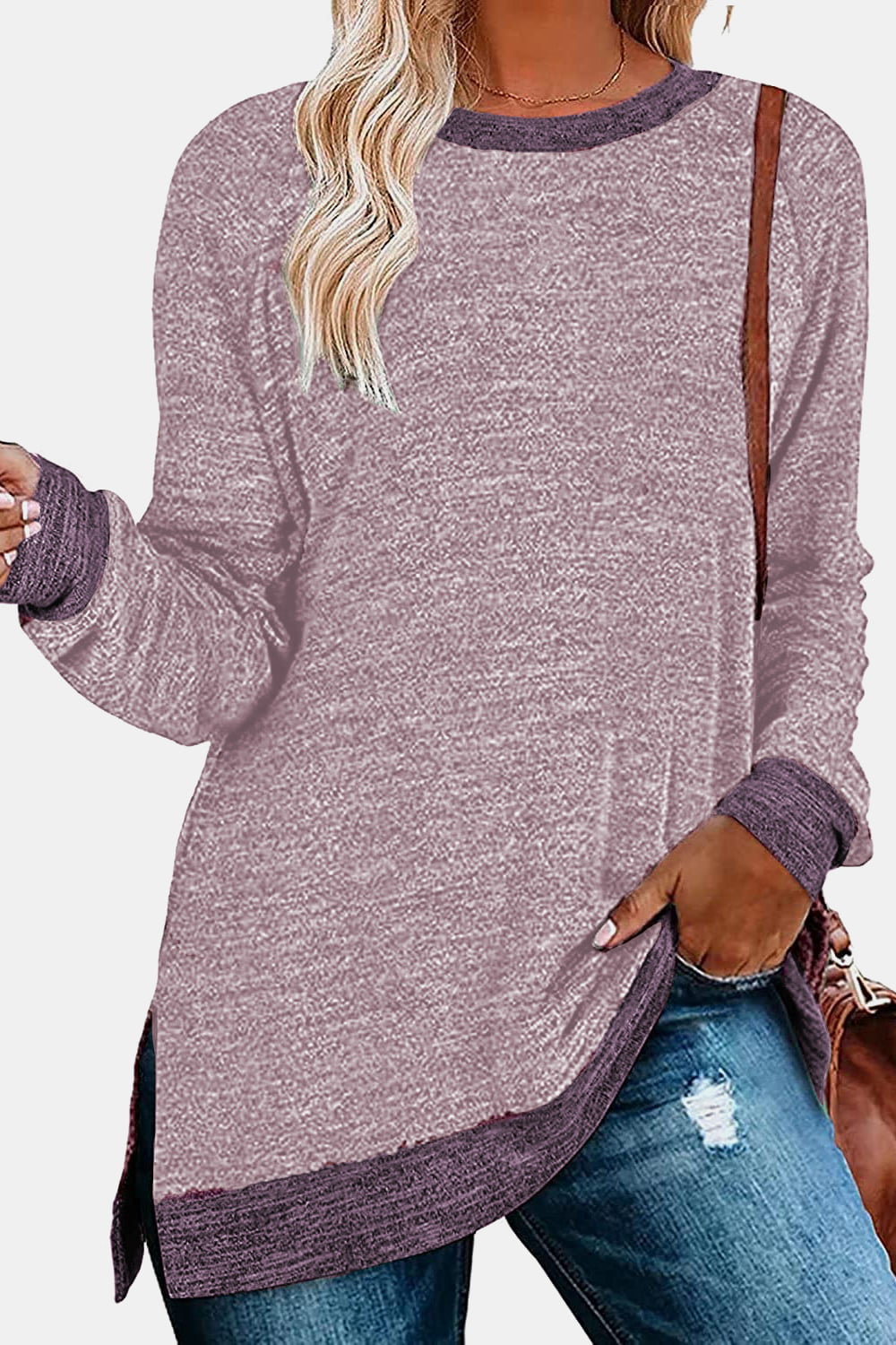 Round Neck Long Sleeve Slit T-Shirt - AllIn Computer