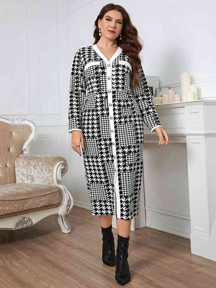 Plus Size Houndstooth Button-Down Long Sleeve Dress - AllIn Computer