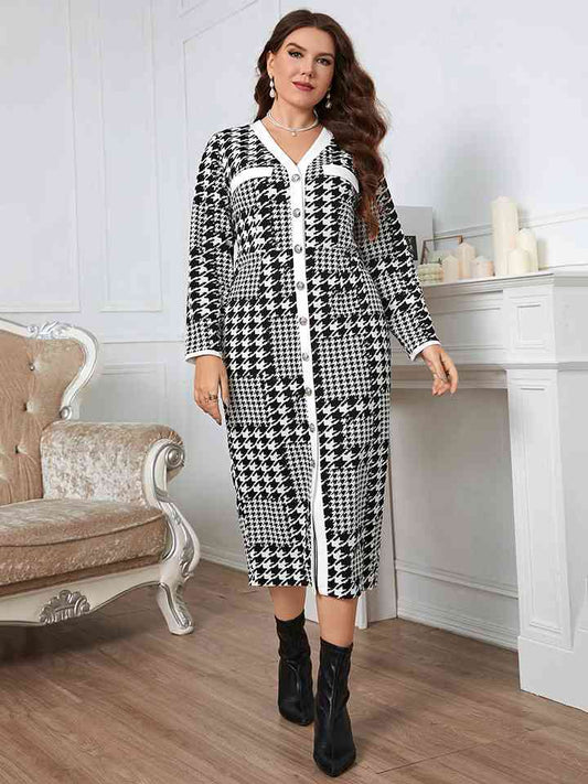 Plus Size Houndstooth Button-Down Long Sleeve Dress - AllIn Computer