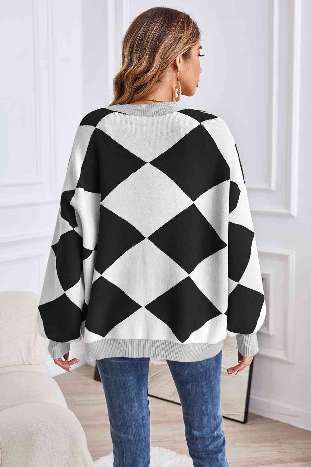 Geometric Lantern Sleeve Cardigan with Pockets - AllIn Computer