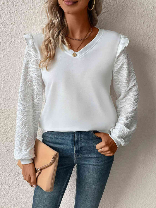 Textured V-Neck Long Sleeve Top - AllIn Computer
