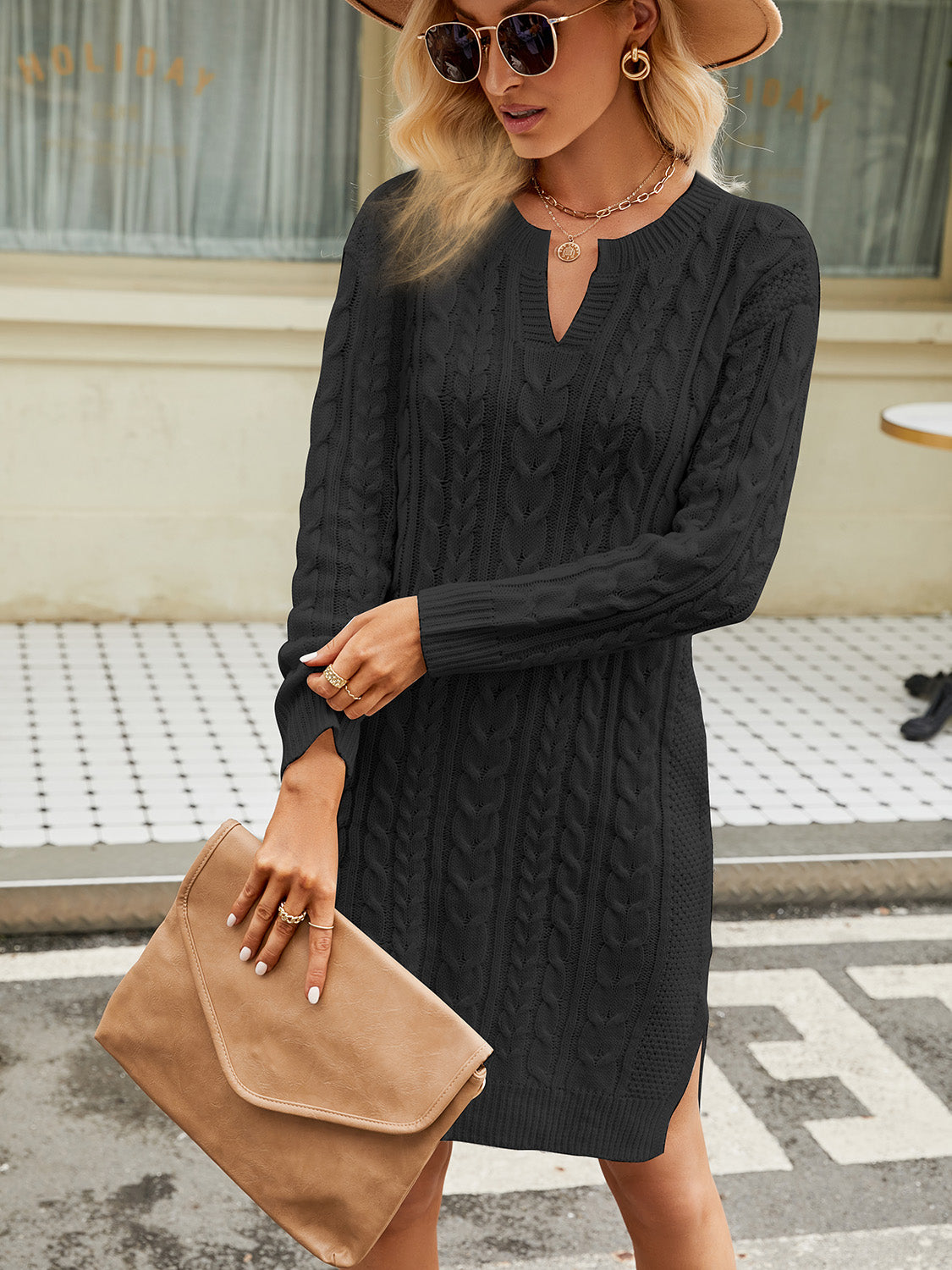 Notched Neck Cable-Knit Slit Sweater Dress - AllIn Computer