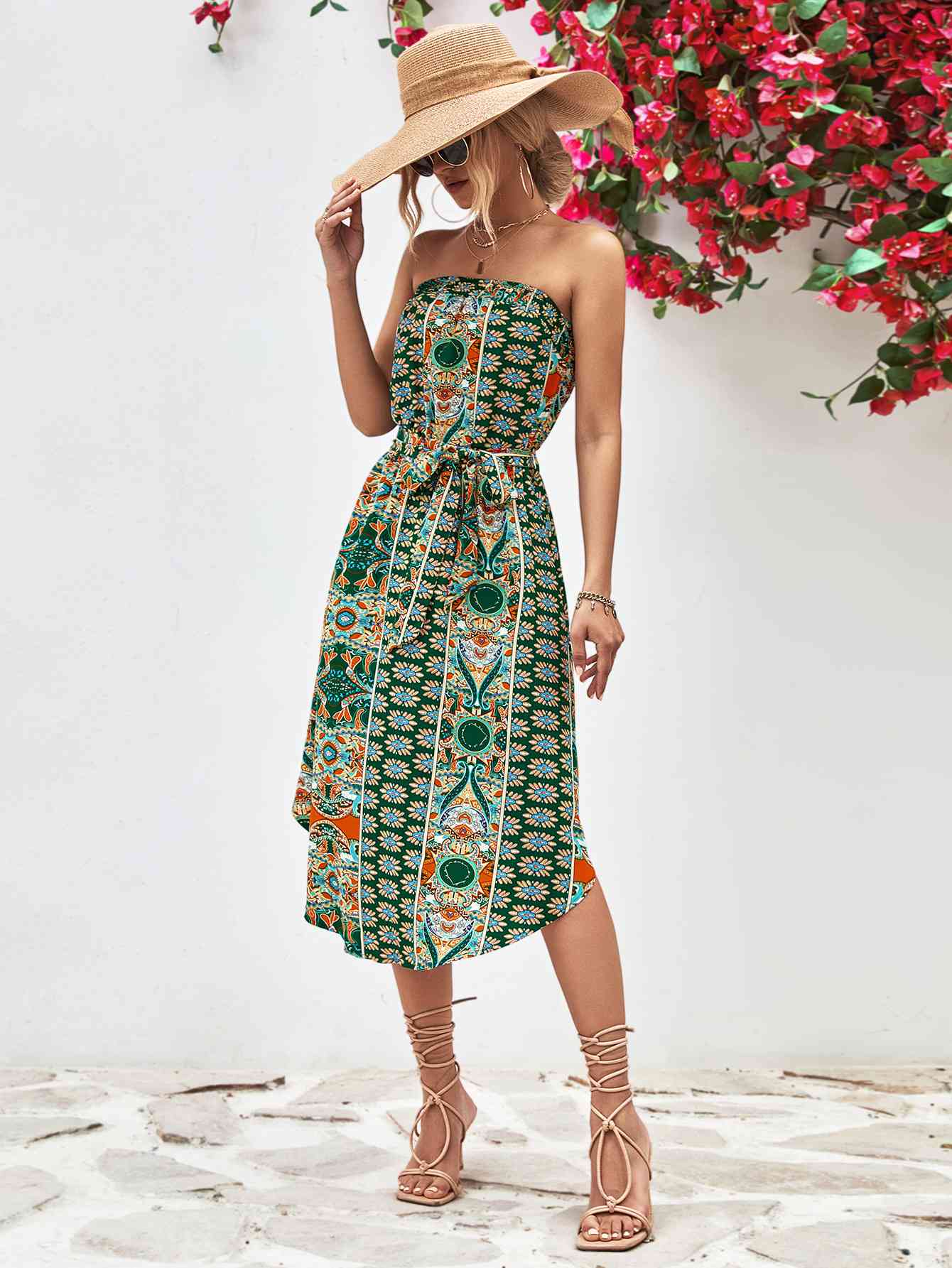 Printed Strapless Tie Belt Dress - AllIn Computer