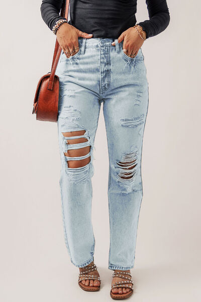 Distressed Buttoned Jeans with Pockets - AllIn Computer