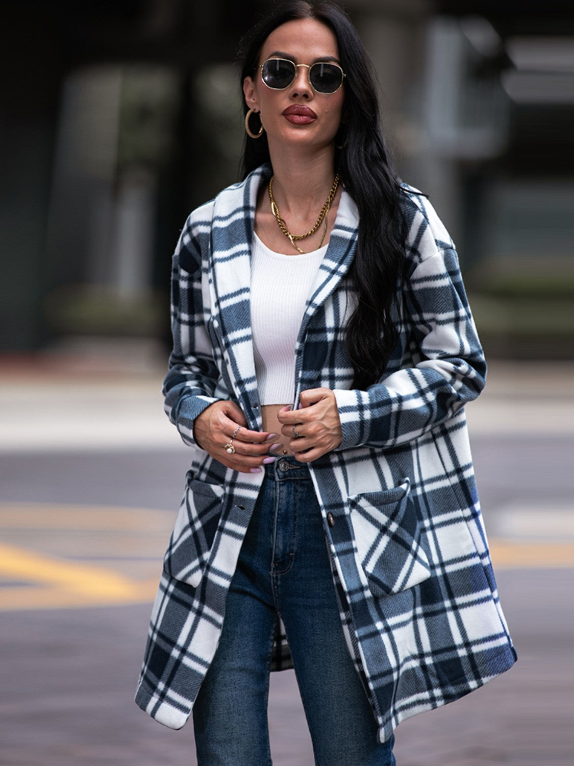 Plaid Shawl Collar Coat with Pockets - AllIn Computer