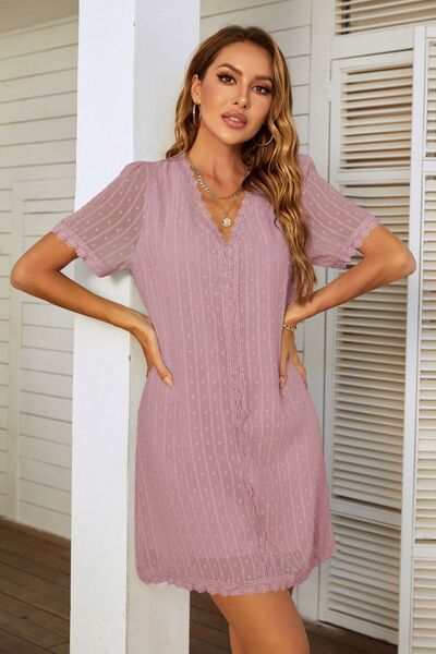 Lace Detail V-Neck Short Sleeve Dress - AllIn Computer