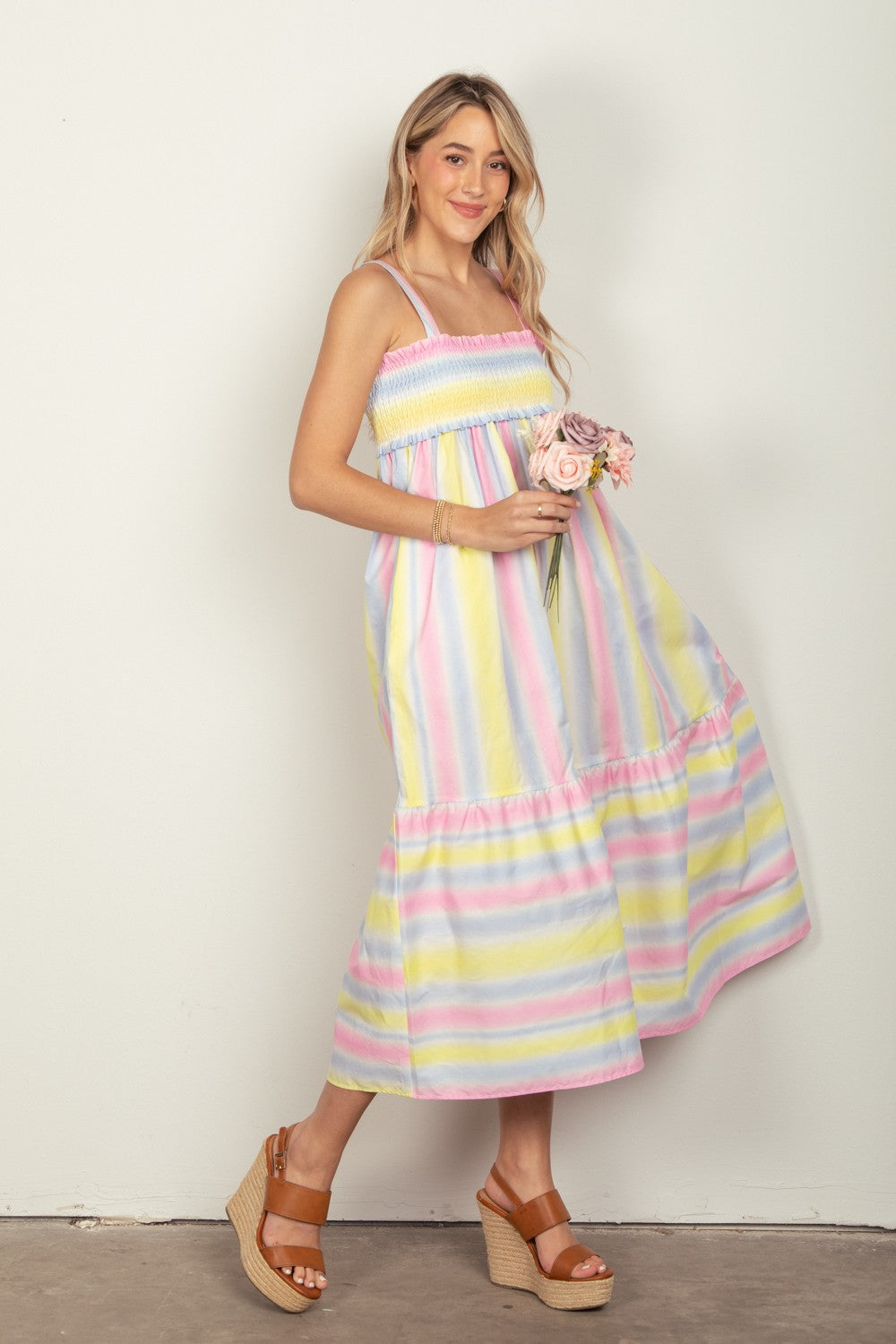 VERY J Striped Woven Smocked Midi Cami Dress - AllIn Computer