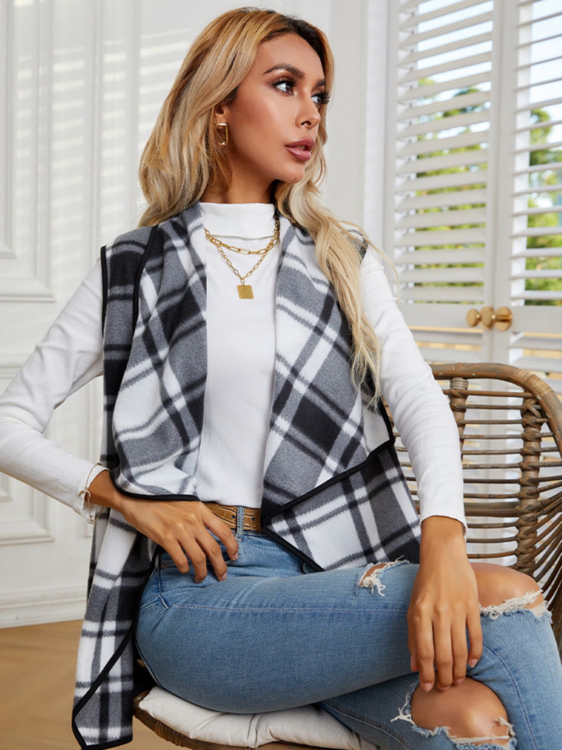 Plaid Open Front Vest - AllIn Computer