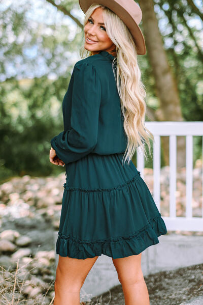 Frill Tie Neck Balloon Sleeve Dress - AllIn Computer