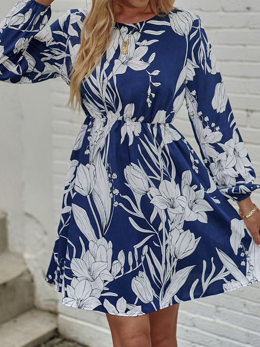 Floral Round Neck Long Sleeve Mini Dress - AllIn Computer