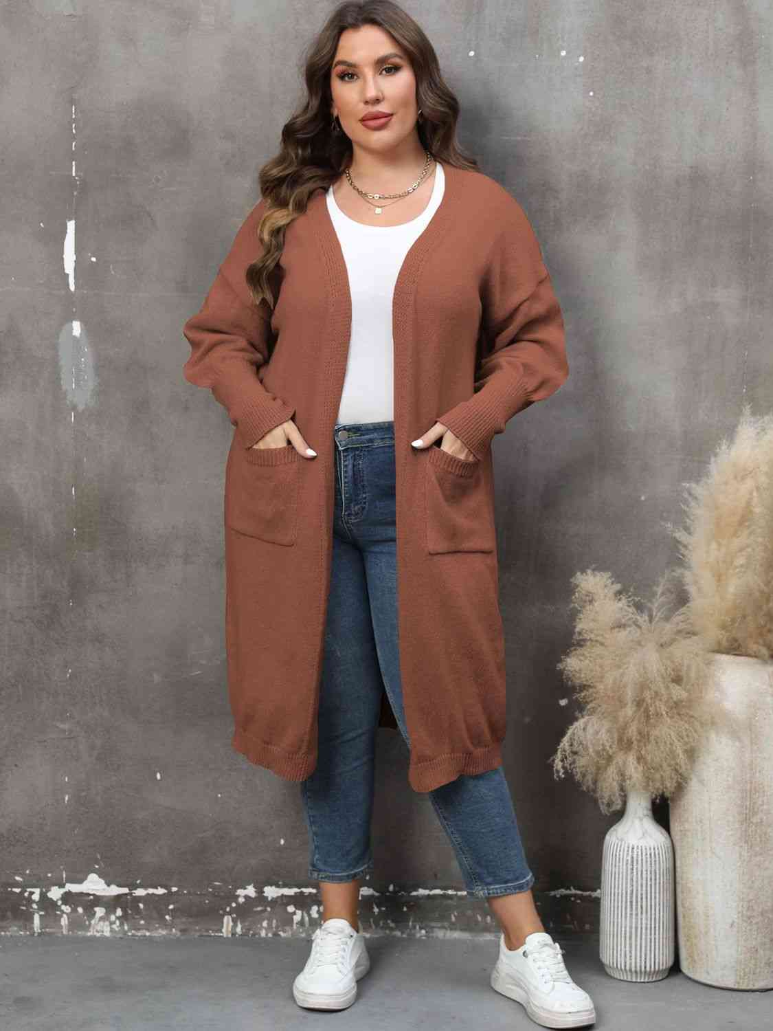 Plus Size Long Sleeve Pocketed Cardigan - AllIn Computer