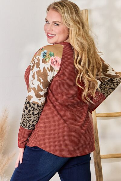 Hailey & Co Full Size Leopard Waffle-Knit Blouse - AllIn Computer