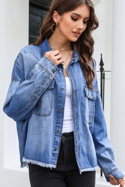 Raw Hem Pocketed Collared Neck Denim Jacket - AllIn Computer