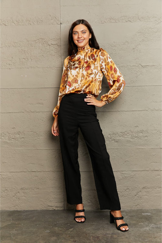 Printed Mock Neck Long Sleeve Blouse - AllIn Computer