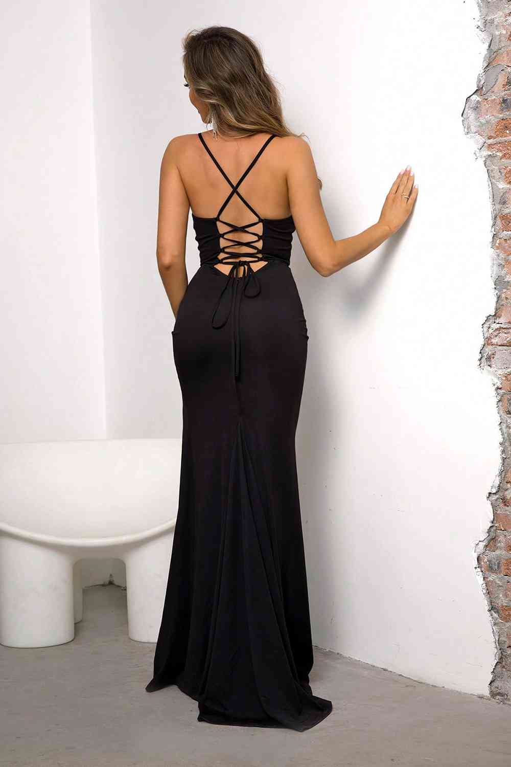 Lace-Up Spaghetti Strap Split Dress - AllIn Computer
