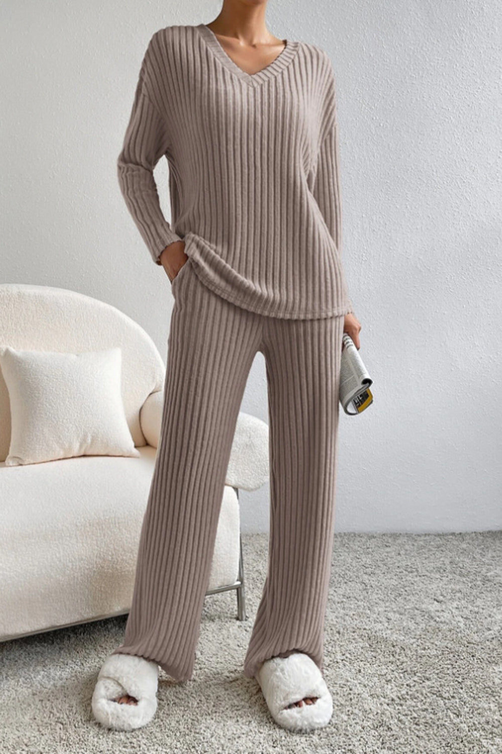 Ribbed V-Neck Top and Pants Set - AllIn Computer