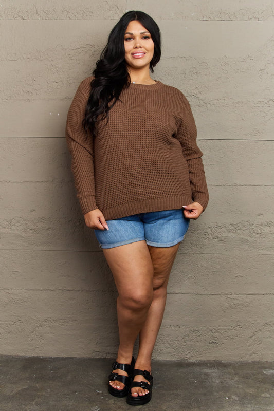 Zenana Breezy Days Plus Size High Low Waffle Knit Sweater - AllIn Computer
