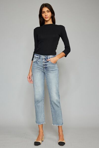 Kancan High Waist Button Fly Raw Hem Cropped Straight Jeans - AllIn Computer