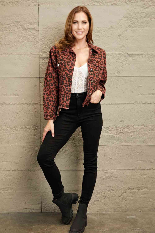 Double Take Leopard Print Raw Hem Jacket - AllIn Computer