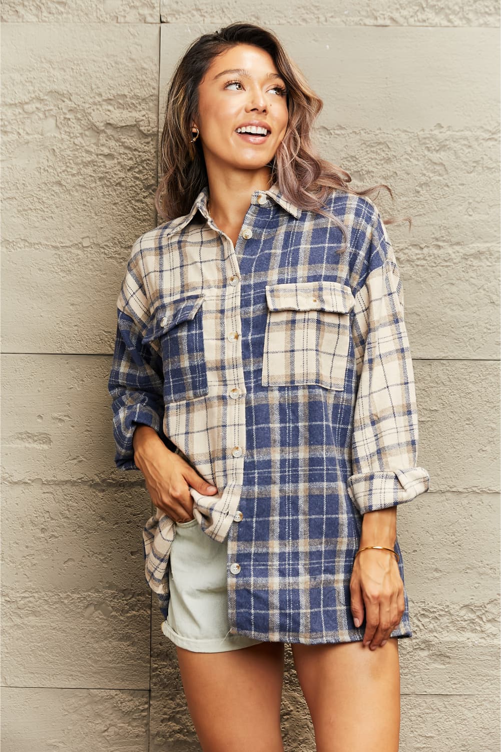 Plaid Dropped Shoulder Shirt Jacket - AllIn Computer