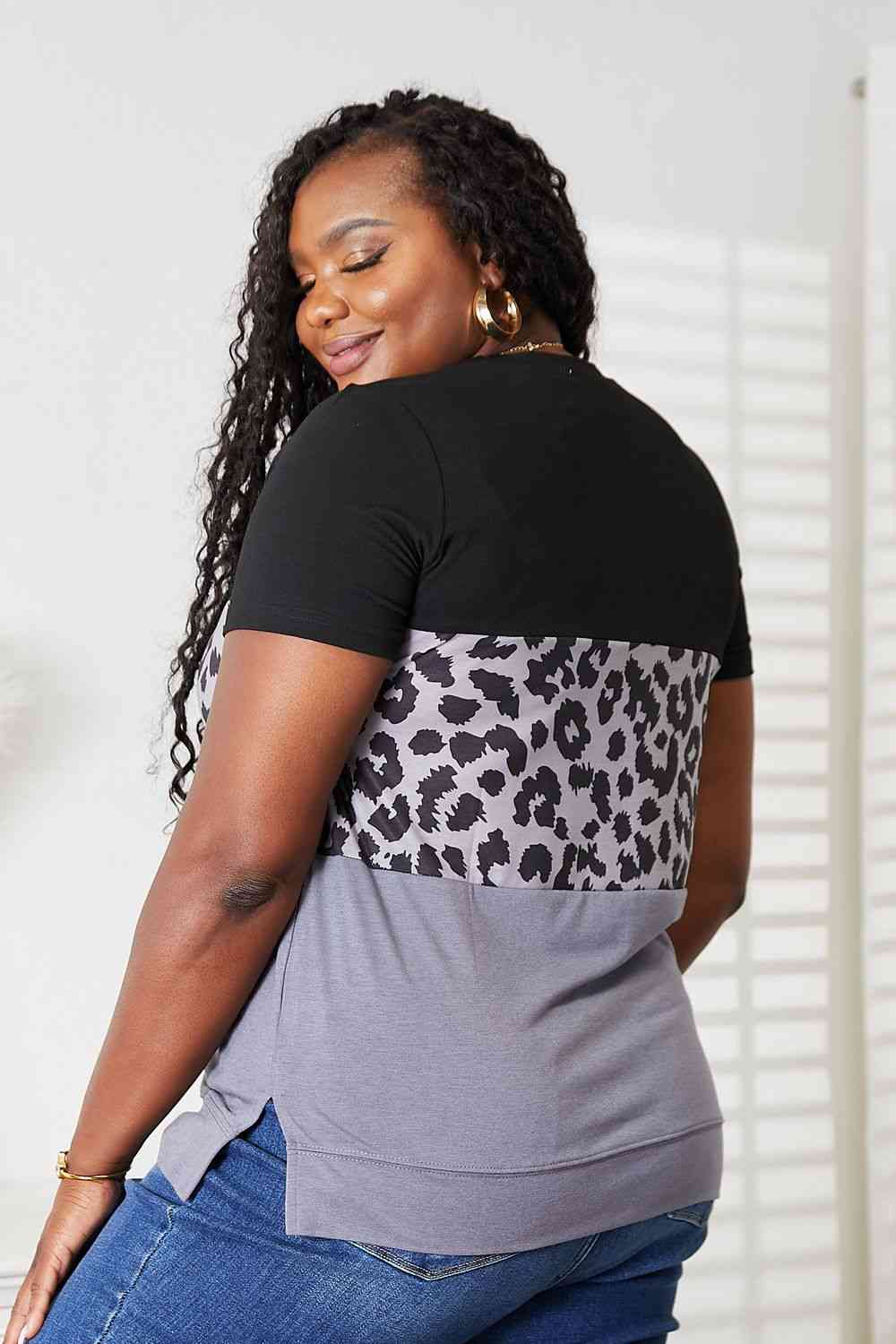 Double Take Leopard Print Color Block Short Sleeve T-Shirt - AllIn Computer