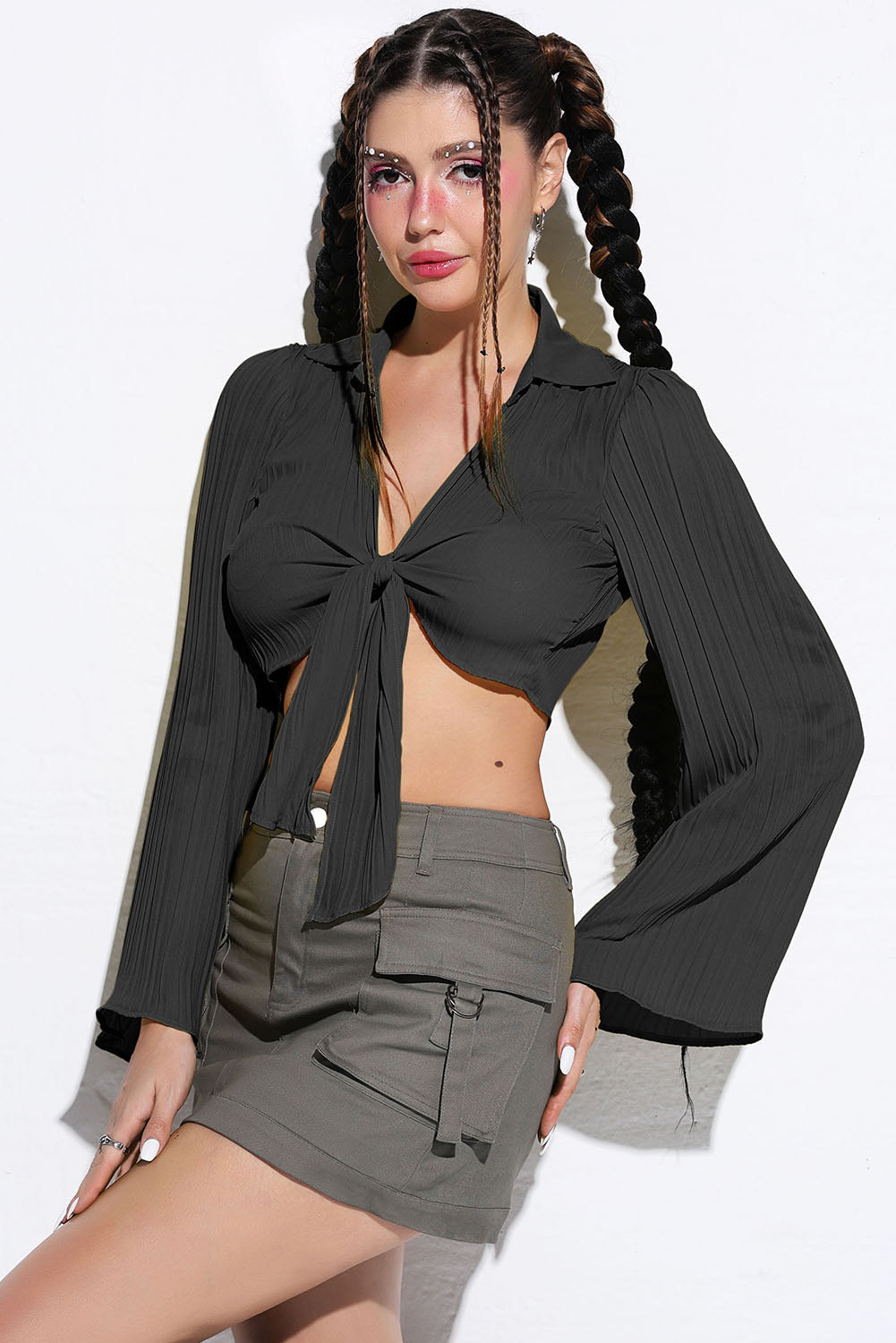 Tie Front Johnny Collar Flare Sleeve Cropped Top - AllIn Computer